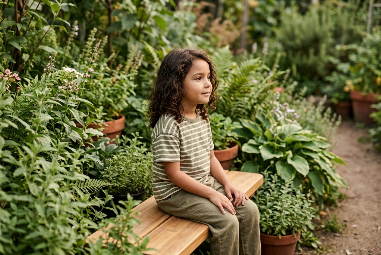 Niño sentado tranquilamente en un jardín