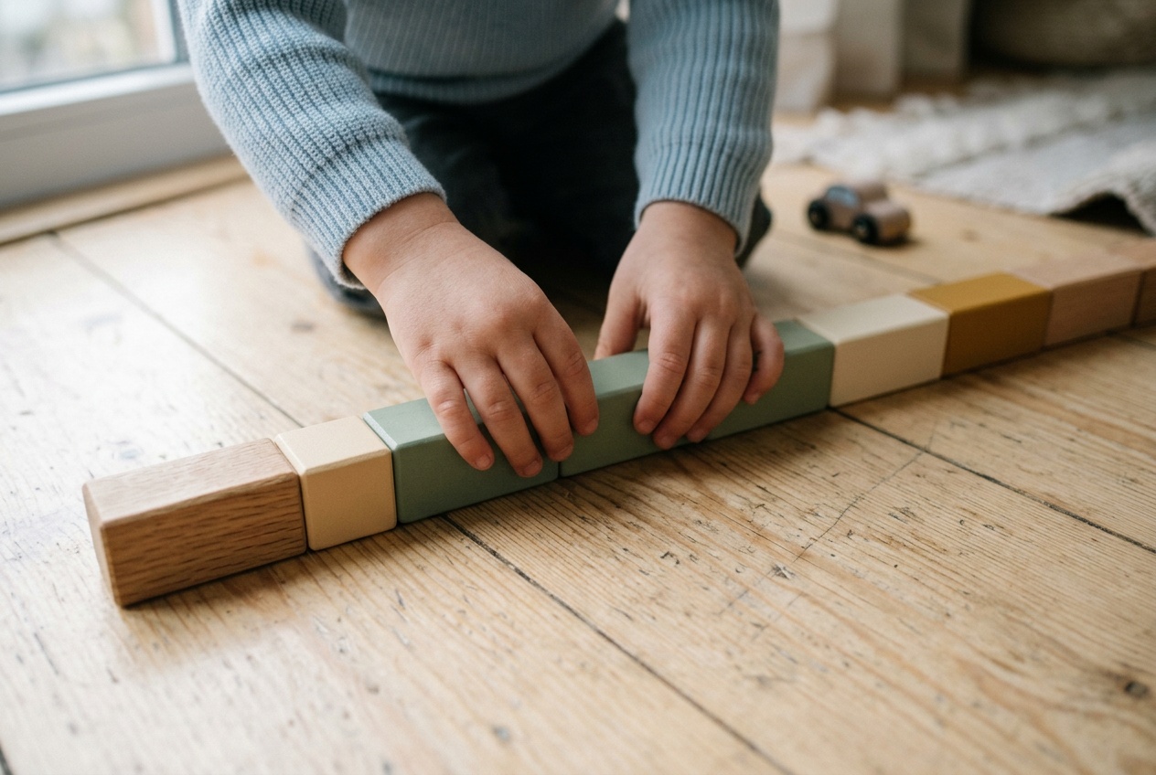 Bloques de madera de colores ordenados en fila, juego repetitivo en la infancia